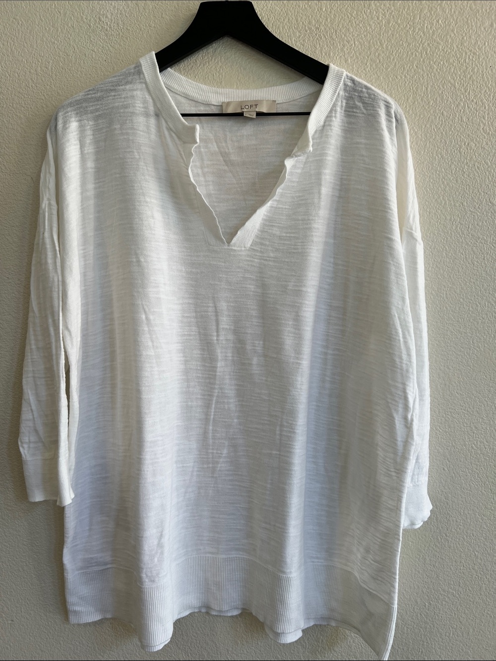LOFT Cotton Lightweight Sweater Split Neck 3/4 Sleeve Winter White Women Size L